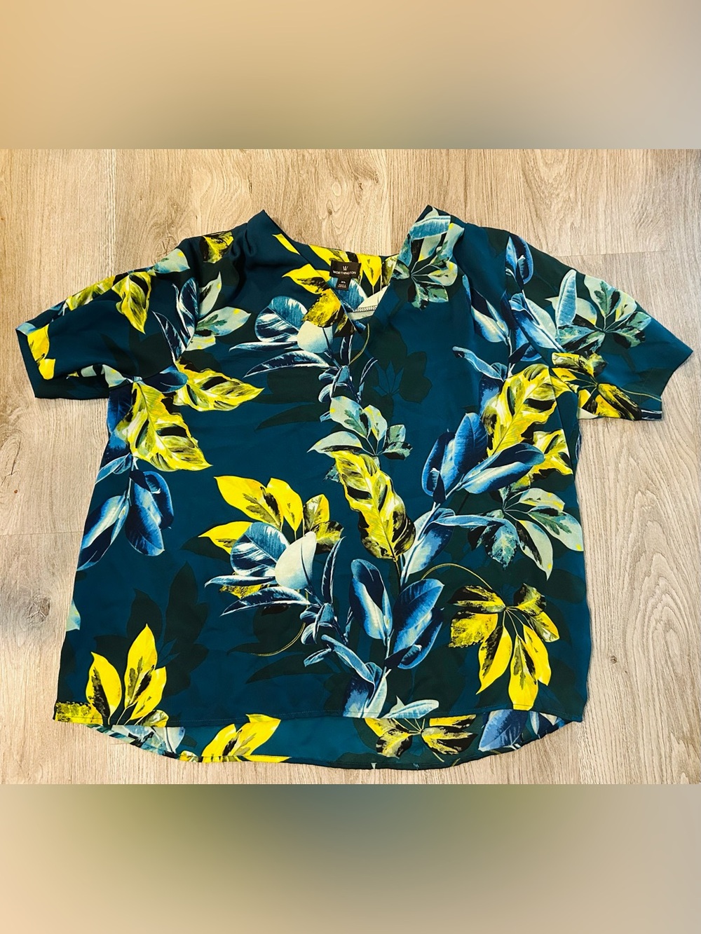 Worthington Teal Floral V-Neck Blouse with Yellow & Blue Leaves